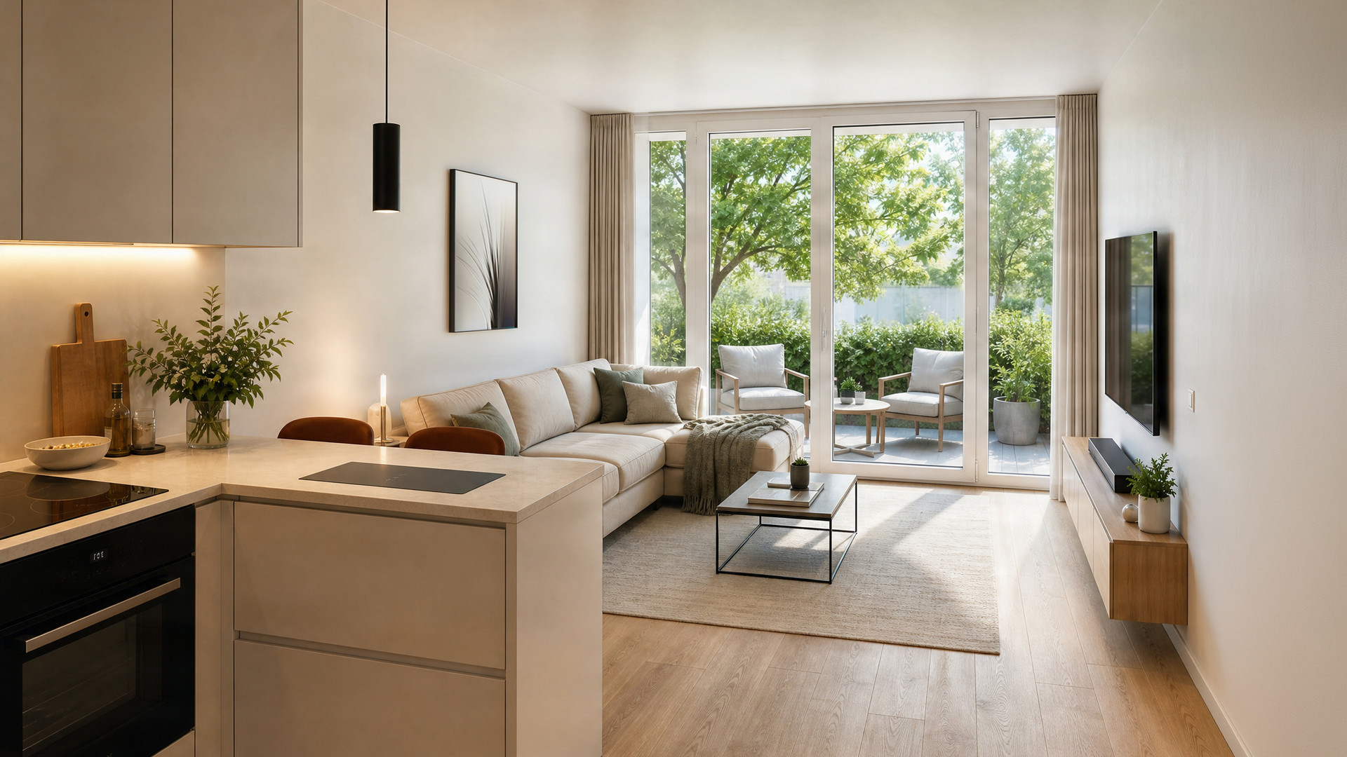 Visualisierung: Wohnbereich mit offener Küche und Zugang zur Terrasse
